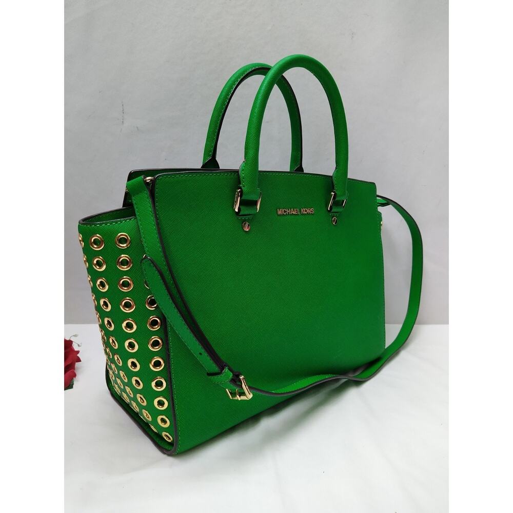 Michael Kors Green Leather Grommets Double Handles Satchel Bag - Picture 4 of 16